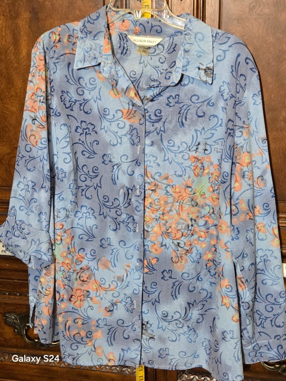 Allison Daley Floral Button Front Blouse Women Size 18 Blue Roll Tab Sleeve